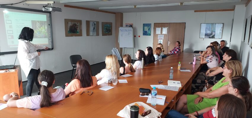 Na fotografii pedagógovia Letnej školy sediaci na stoličkách pri stole a pred nimi vyučujúca, ktorá prednáša svoju prezentáciu