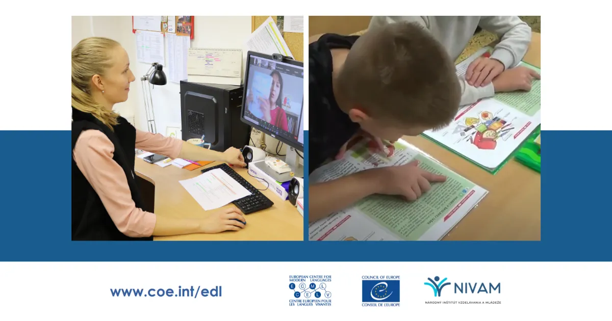 Na fotke online videohovor a deti čítajúce zo šlabikára.