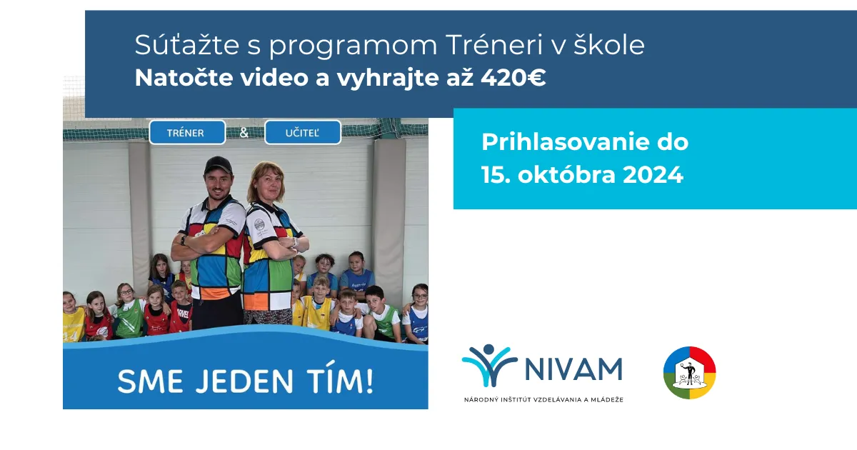 Na obrázku tréner a učiteľka chrbtom k sebe a v pozadí deti.