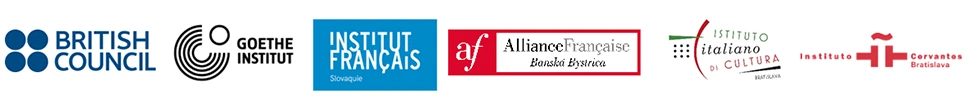 Na obrázku sú logá British council, Goethe instittus, Institut Francais, Alliance Francaise, Instituto italiano di cultura, Instituto cervantes Bratislava